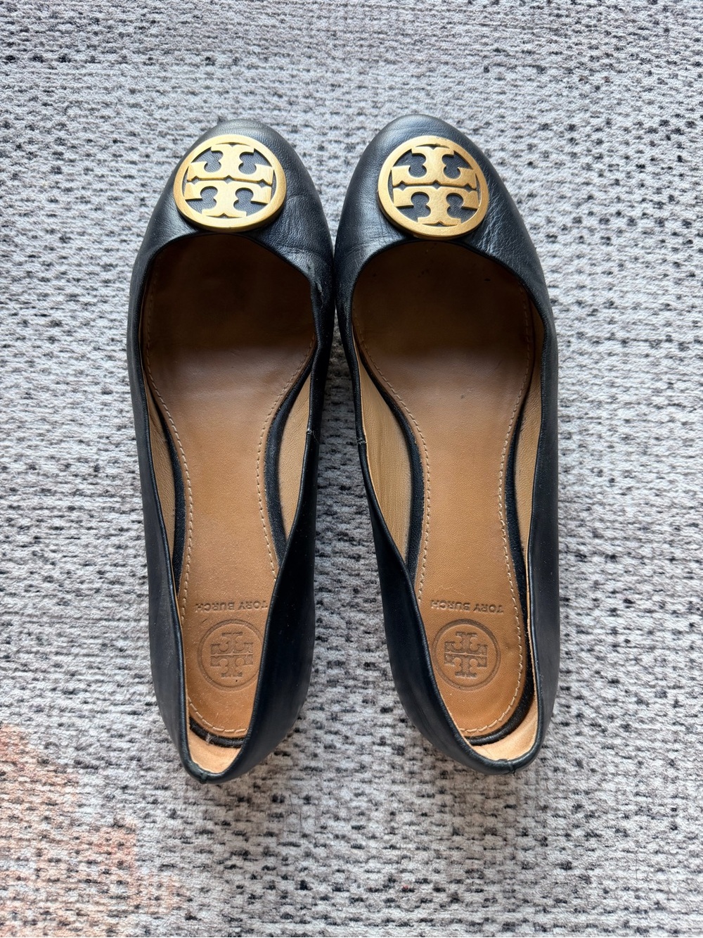 Tory Burch Black Leather Flats with Gold Logo Medallion
